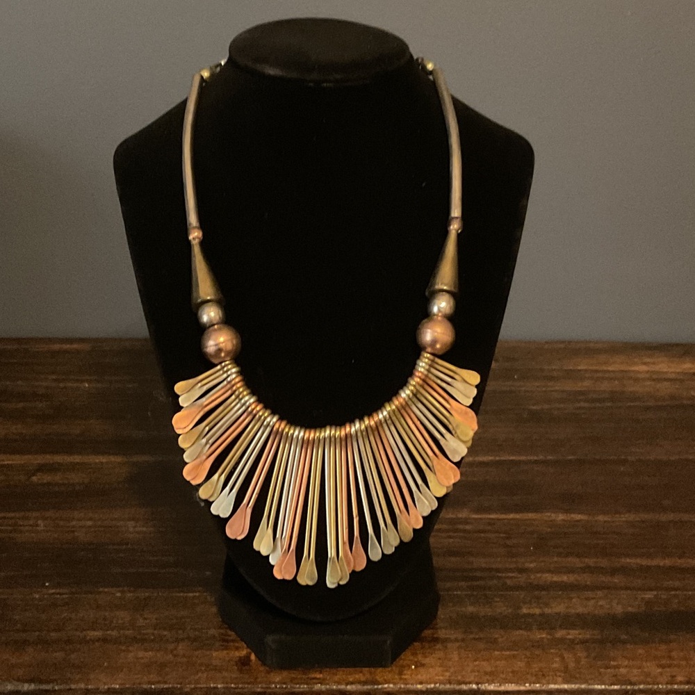 1970’s Tribal/Boho Brass, Copper and Silver Spike Fringe Necklace